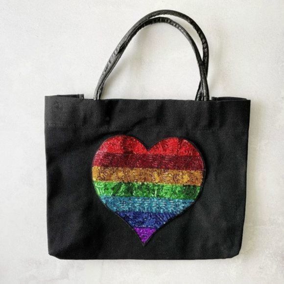 NolaShimmer Handbags - 𝅺Pride Sequin Heart Black Rainbow Canvas Tote Bag